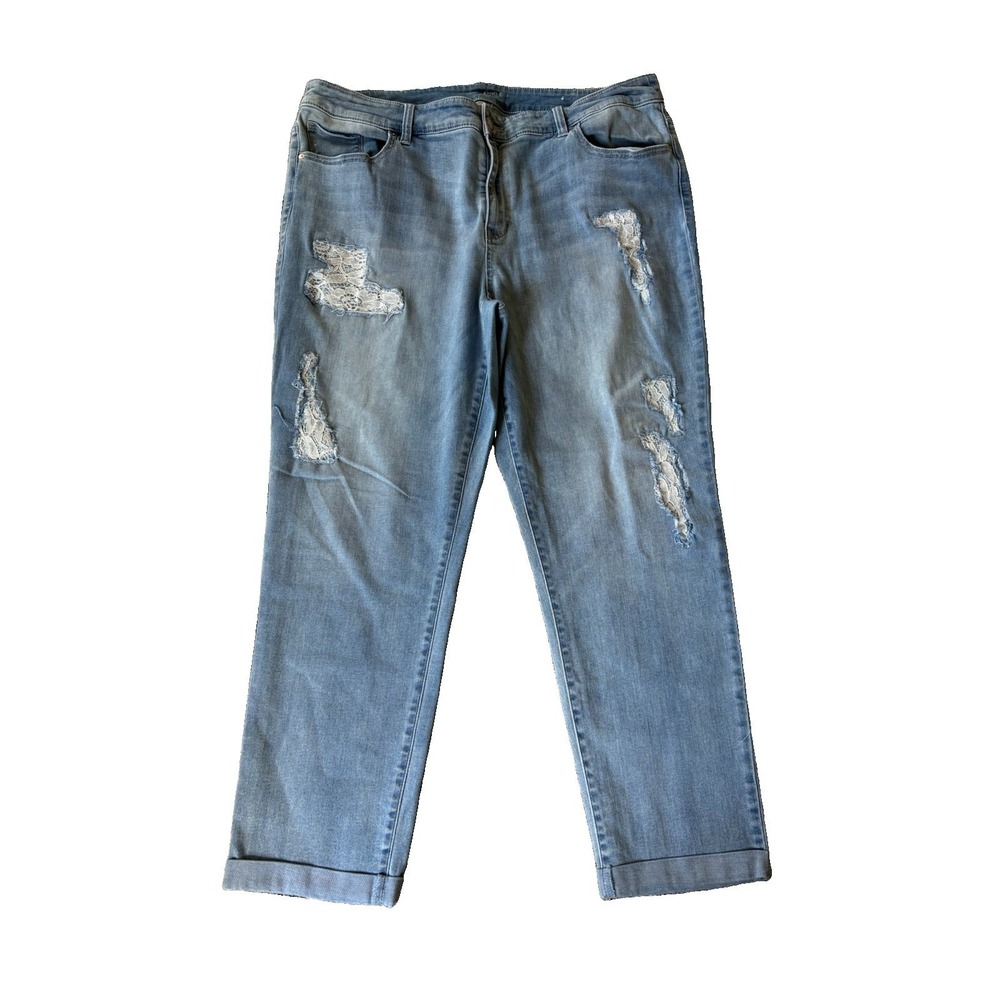 Chicos Platinum AnkleJeans 16 (3) Distressed Lace Inserts Denim Stretch
